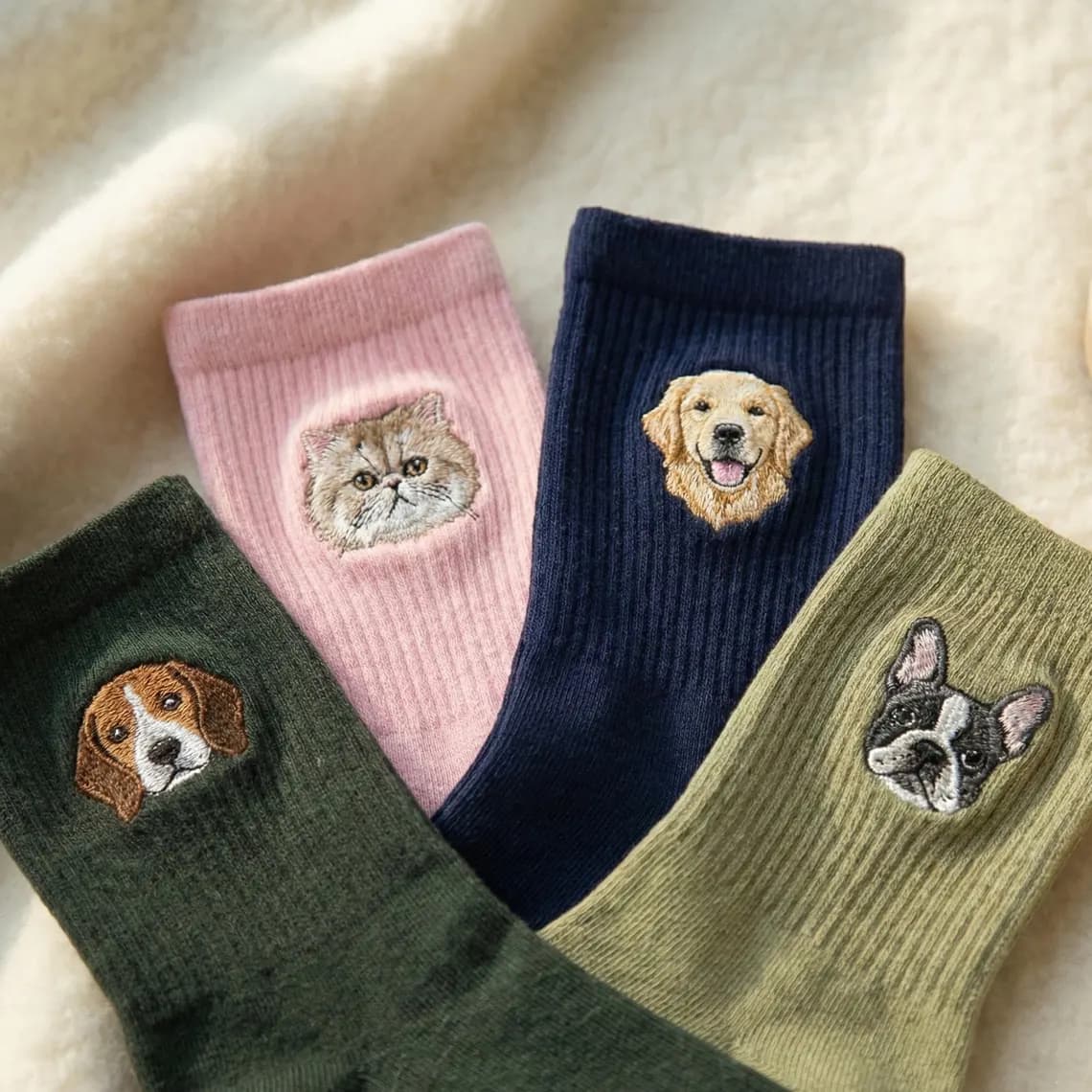 A pair of custom socks with their pet's face on them are both practical and cute. Credit: Onestarcrochet / Etsy